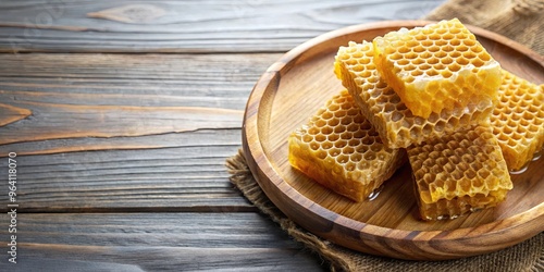 Closeup top view of golden honeycombs on a wooden plate