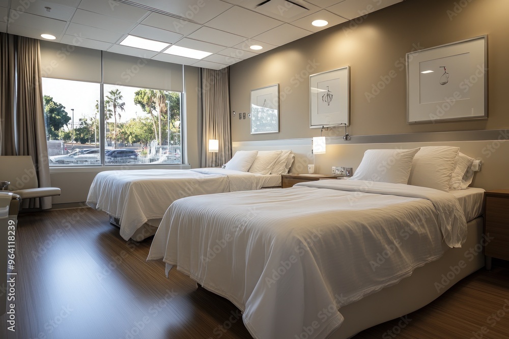 A bright, inviting room with two twin beds and large windows A bright, inviting room with two twin beds and large windows