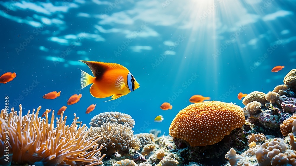 Obraz premium Tropical fish swimming gracefully through a coral reef, illuminated by sun rays.