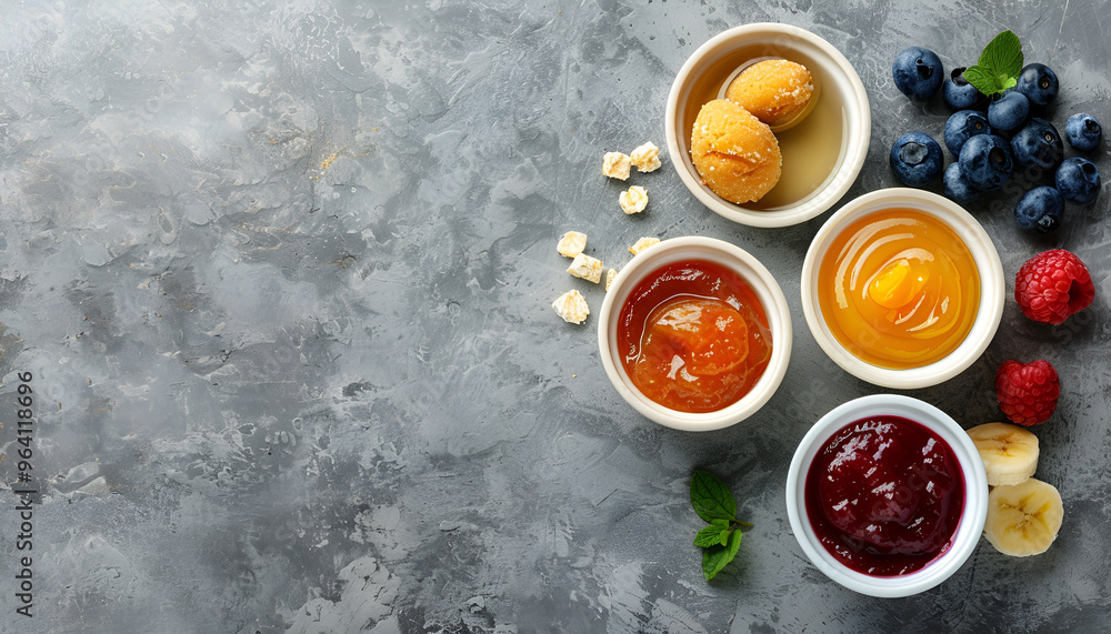 Bowls with baby food on grey background Bowls with baby food on grey background