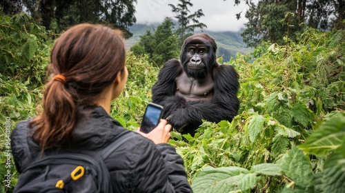 Intimate Moment: Rwandan Couple Observing Mountain Gorillas in Volcanoes National Park