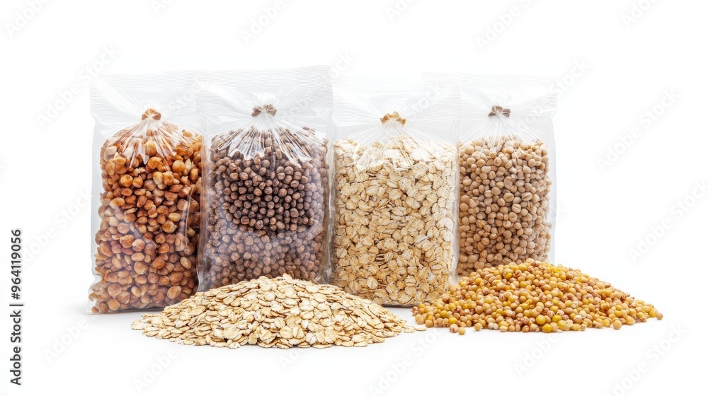 A set of clear plastic groat-filled bags is isolated on a white background. packets with rice, buckwheat grain, sugar, oat flakes, seeds, and peas. dummy A set of clear plastic groat-filled bags is isolated on a white background. packets with rice, buckwheat grain, sugar, oat flakes, seeds, and peas. dummy
