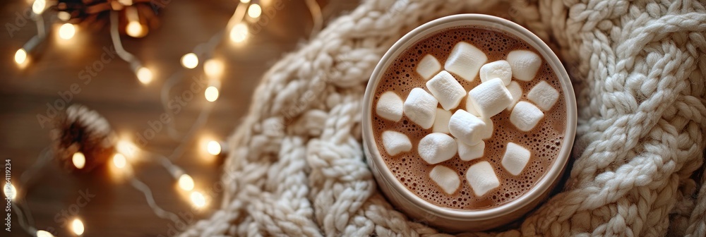 Top view of a cozy Christmas scene with a mug of hot cocoa, marshmallows, and a knit blanket Top view of a cozy Christmas scene with a mug of hot cocoa, marshmallows, and a knit blanket