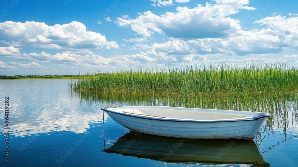 Obraz premium Serene lakeside view with solitary white boat
