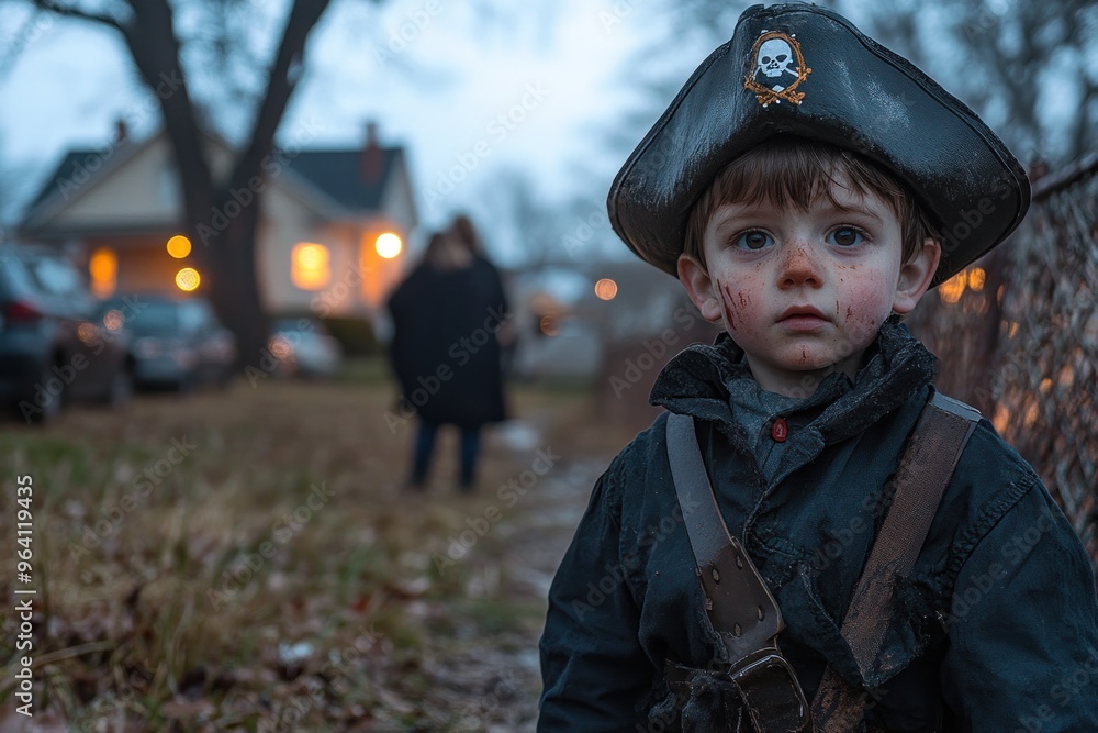 A young boy in a pirate costume stands confidently while exploring his neighborhood at dusk A young boy in a pirate costume stands confidently while exploring his neighborhood at dusk