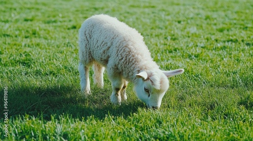 Grazing lamb on vibrant green pasture in sunlight