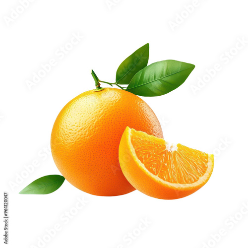 Fresh orange with vibrant leaves, showcasing juicy segments, perfect for healthy lifestyle or food-related themes.