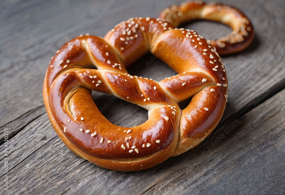 Freshly Baked Pretzel with Sesame Seeds on Rustic Wooden Surface Freshly Baked Pretzel with Sesame Seeds on Rustic Wooden Surface