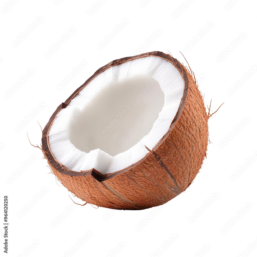 Freshly cut coconut showcasing its brown shell and white flesh. Perfect for tropical themes or healthy food concepts. Freshly cut coconut showcasing its brown shell and white flesh. Perfect for tropical themes or healthy food concepts.