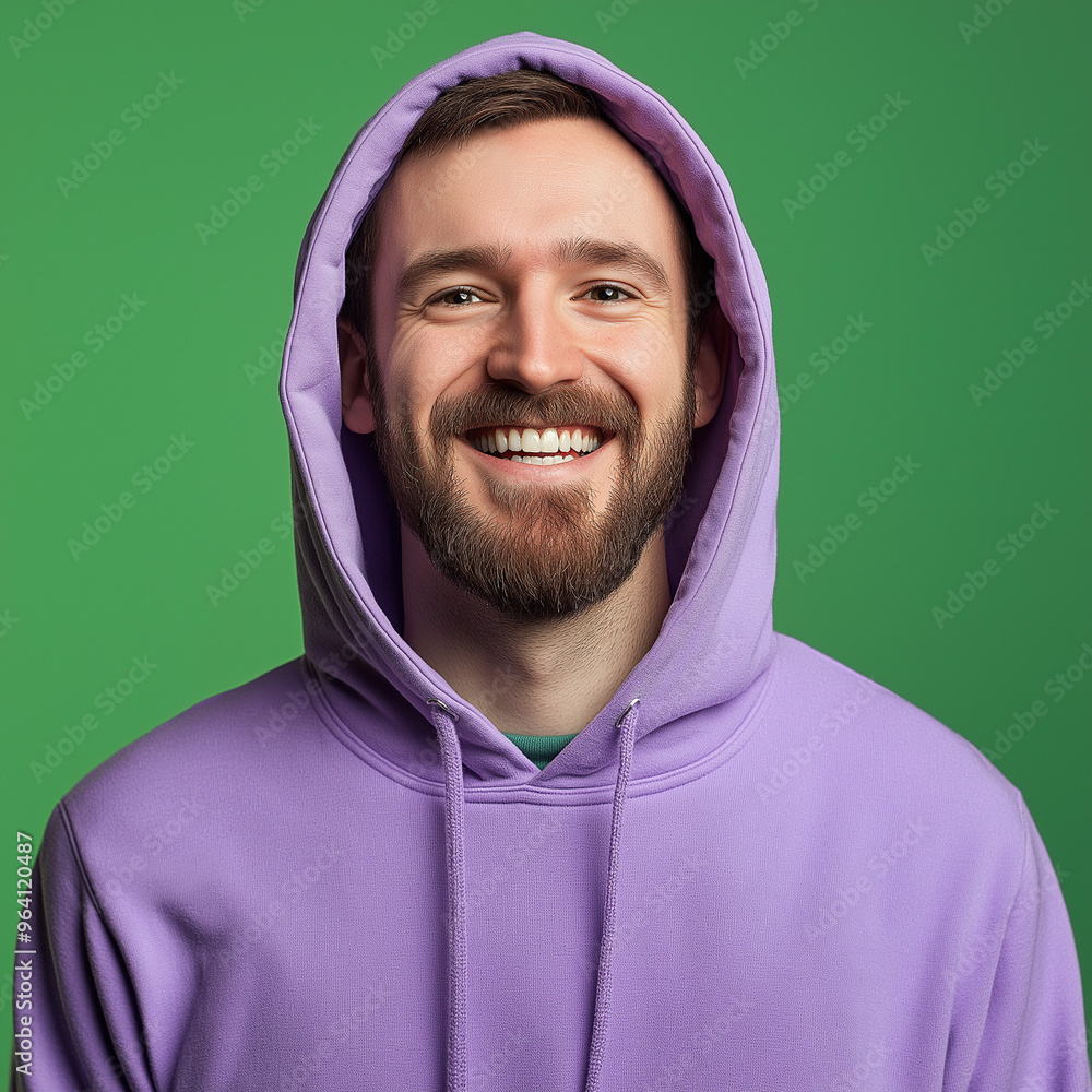 Capture the essence of joy and warmth in a portrait featuring a man in a purple hoodie, smiling brightly against a vibrant green background. Capture the essence of joy and warmth in a portrait featuring a man in a purple hoodie, smiling brightly against a vibrant green background.
