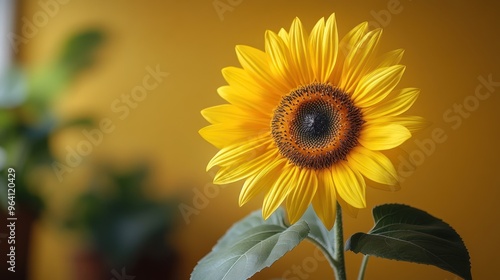 A vibrant sunflower against a warm yellow background.