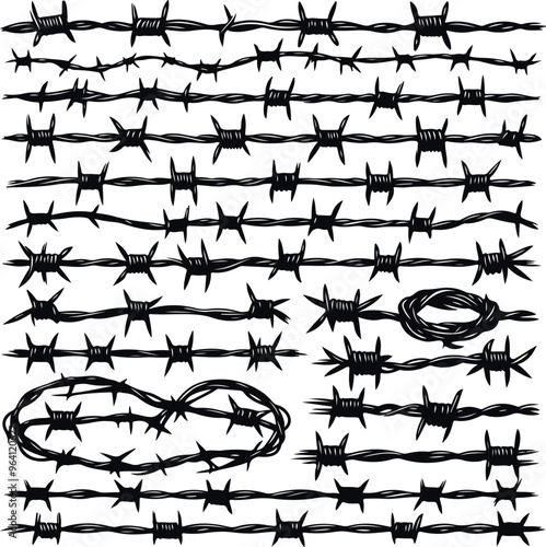 Razor Wire Brutal Prison Fence Collection. Barbed Wire Set Collection In Trendy Minimal Geometric Style