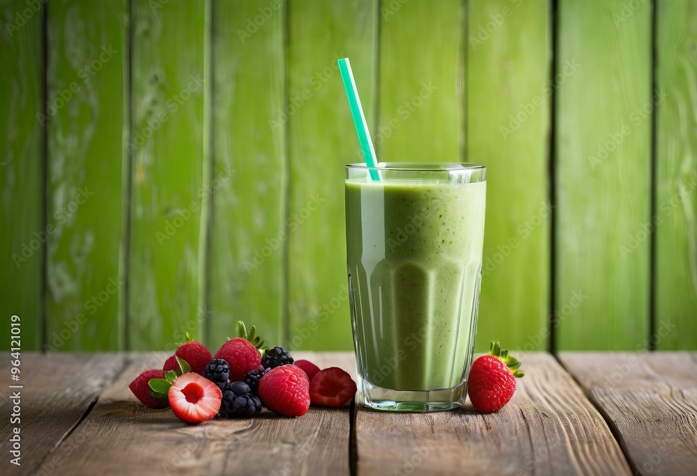 Green Smoothie with Blue Straw and Fresh Berries on Rustic Wooden Table Green Smoothie with Blue Straw and Fresh Berries on Rustic Wooden Table