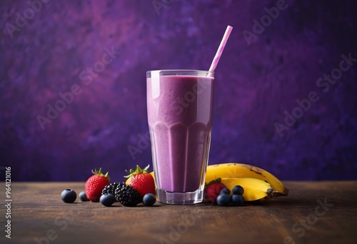 Purple Smoothie with Fresh Fruits on Deep Purple Background