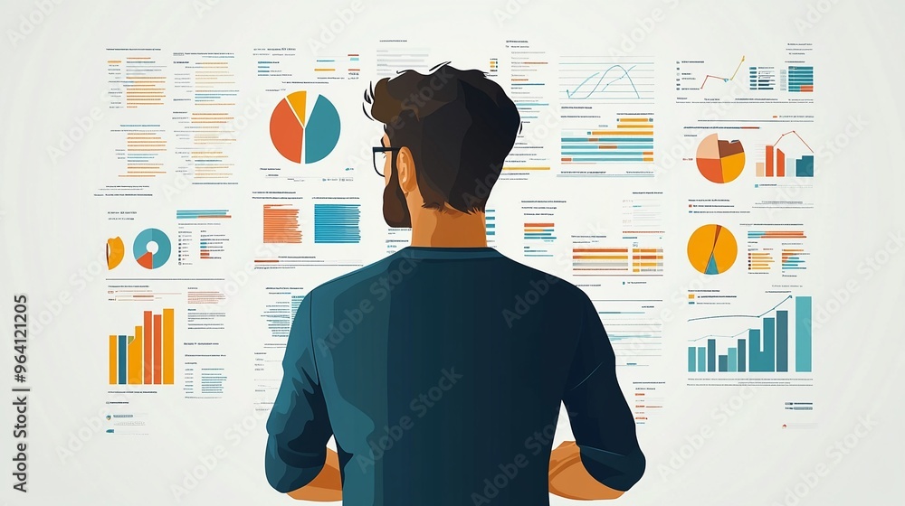 Business Professional Analyzing Data Charts and Graphs on Office Wall in Bright Modern Setting Business Professional Analyzing Data Charts and Graphs on Office Wall in Bright Modern Setting