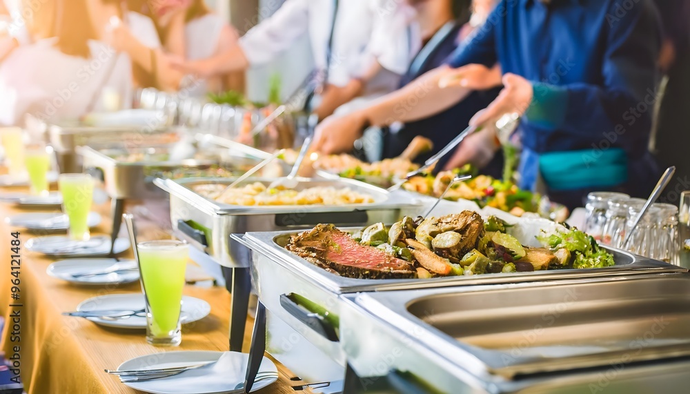 people catering buffet food indoor restaurant on table with drinks, meat, vegetables; blurred background people catering buffet food indoor restaurant on table with drinks, meat, vegetables; blurred background