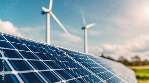 Small community microgrid system with solar panels and wind turbines - Sustainable energy solution for decentralized power