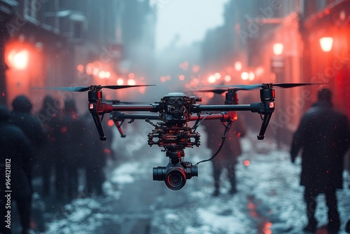 Professional drone flying over crowd during movie shooting on location