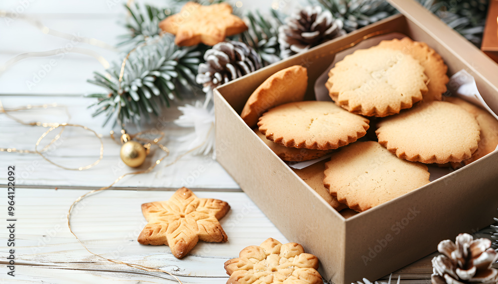 Box with tasty cookies and Christmas decor on light wooden table Box with tasty cookies and Christmas decor on light wooden table