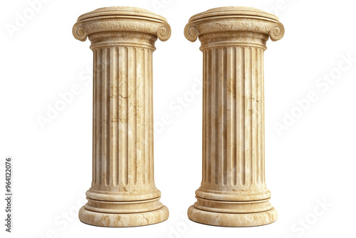 A pair of beautifully crafted classical marble columns, featuring intricate fluted shafts and ornate capitals. 