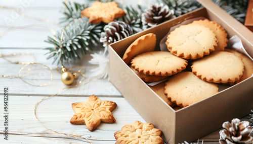 Box with tasty cookies and Christmas decor on light wooden table