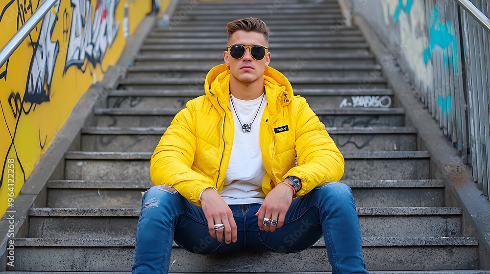 A young man in a yellow jacket sits on urban stairs, embracing the city vibe. A young man in a yellow jacket sits on urban stairs, embracing the city vibe.
