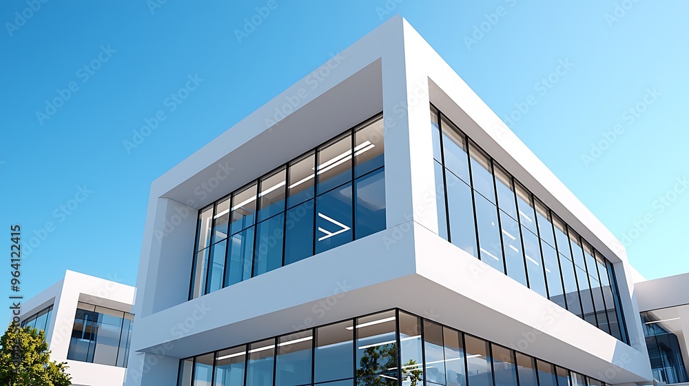 A modern office building with a glass facade, standing tall under a bright blue sky. A modern office building with a glass facade, standing tall under a bright blue sky.