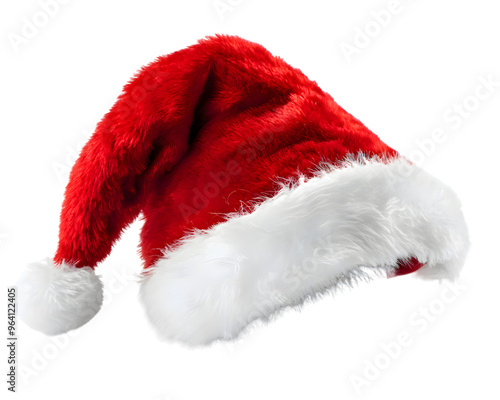 Realistic Red Christmas Santa Claus hat with a white pompom, isolated on transparent background