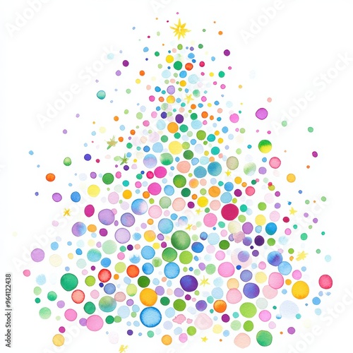 Watercolor Christmas tree illustration with colorful circular ornaments and a golden star. Playful and creative holiday concept.