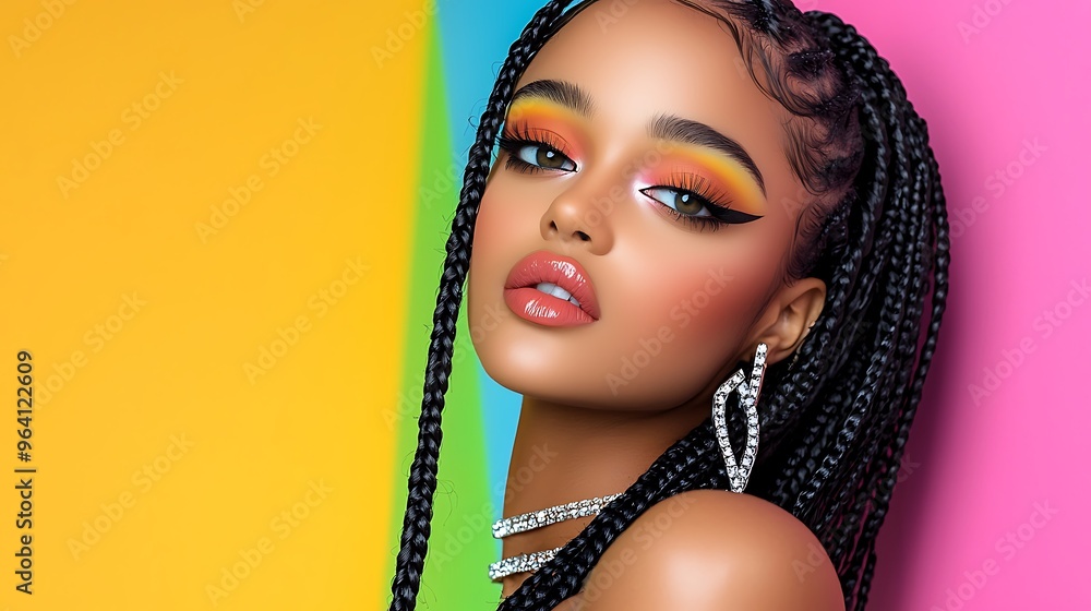 A glamour portrait of a woman with braids, adorned with colorful and artistic makeup. A glamour portrait of a woman with braids, adorned with colorful and artistic makeup.