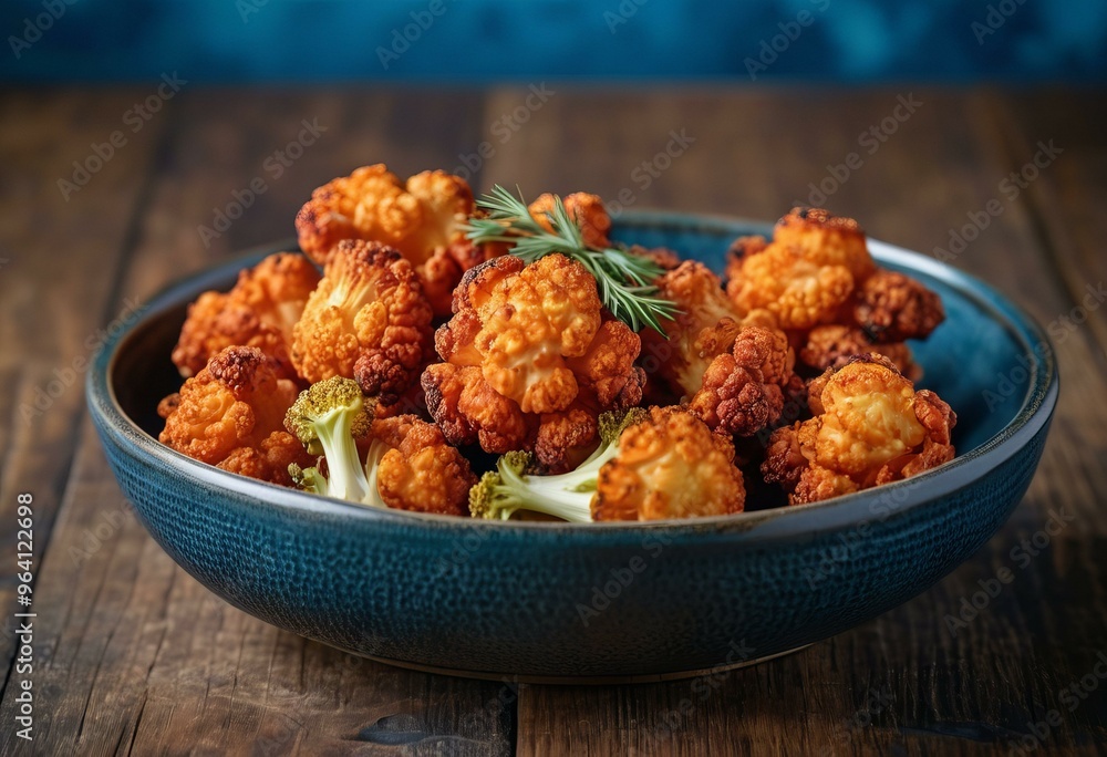 Spicy Battered Cauliflower Bites in Blue Bowl with Rustic Background Spicy Battered Cauliflower Bites in Blue Bowl with Rustic Background