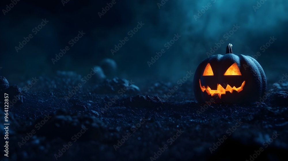 Lots of Jack O' Lanterns on the right hand side of a misty, acient monastery floor at night. Lots of Jack O' Lanterns on the right hand side of a misty, acient monastery floor at night.