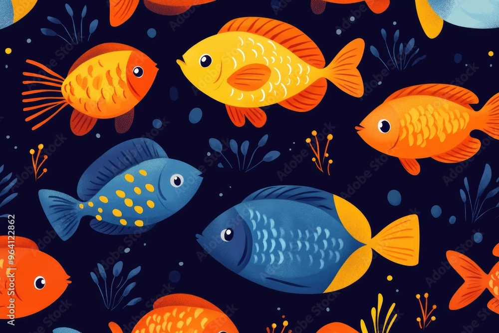 Naklejka premium Colorful fish swimming seamless pattern on dark blue background