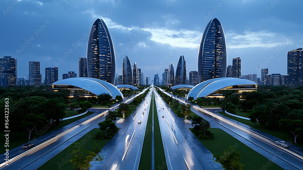 Fototapeta premium A modern cityscape at dusk with futuristic architecture, highways, and towering skyscrapers.