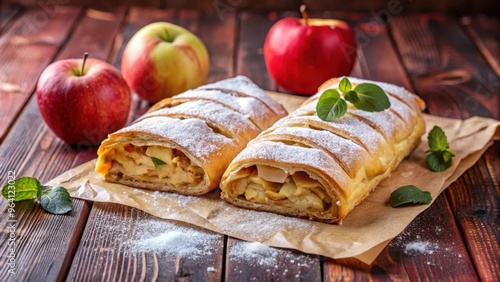 Freshly baked apple strudel on parchment paper, with two slices cut off, on red barnboard surface photo