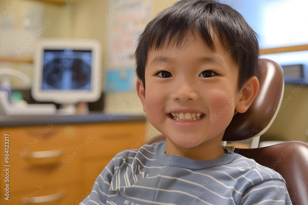 Children's dentistry for healthy teeth .Close-up happy little child asian boy smiles looking at camera, sitting in dentist's chair, receiving dental. Children's dentistry for healthy teeth .Close-up happy little child asian boy smiles looking at camera, sitting in dentist's chair, receiving dental.