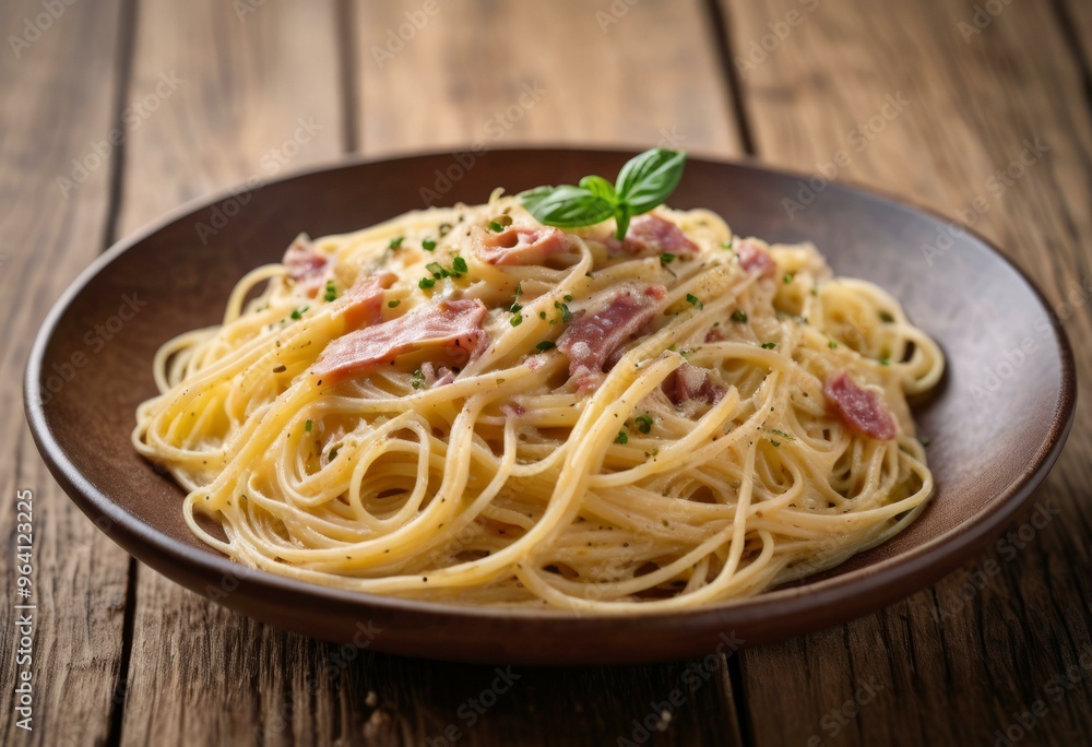 Spaghetti Carbonara in Rustic Wooden Bowl with Top-Down View Spaghetti Carbonara in Rustic Wooden Bowl with Top-Down View