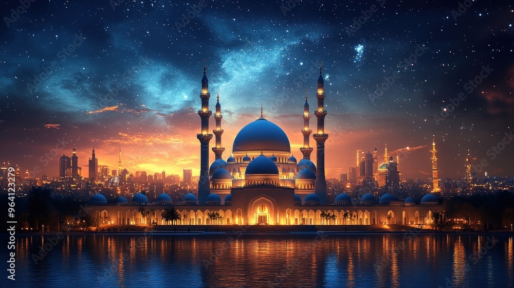 Fototapeta premium islamic celebration card template, with mosque background