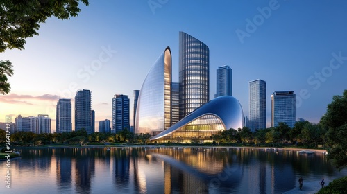 Modern Skyscrapers Reflecting in Lake at Sunset