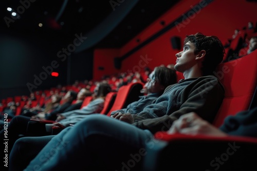 Young woman watching movie at the cinema with audience