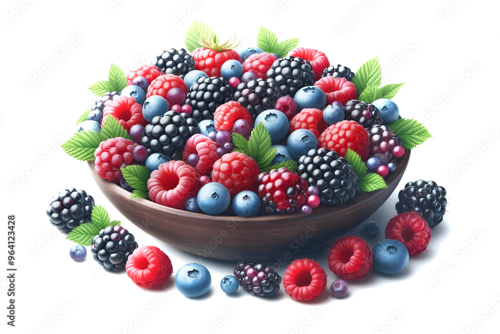 Berries: raspberries, blackberries, blueberries in wooden bowl. Isolated on a white background. Berries: raspberries, blackberries, blueberries in wooden bowl. Isolated on a white background.