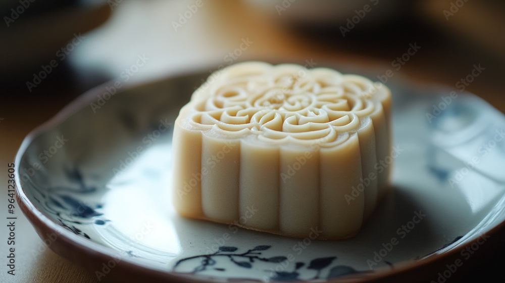 A close-up of a lotus seed paste mooncake placed on a ceramic plate with soft lighting highlighting its delicate design, capturing the elegance of traditional Chinese Mid-Autumn Festival treats. A close-up of a lotus seed paste mooncake placed on a ceramic plate with soft lighting highlighting its delicate design, capturing the elegance of traditional Chinese Mid-Autumn Festival treats.