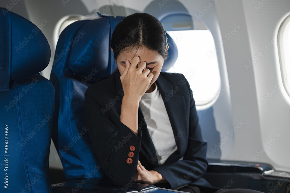 Tired asian woman with headache feeling sick while sitting in the airplane , Passengers near the window.