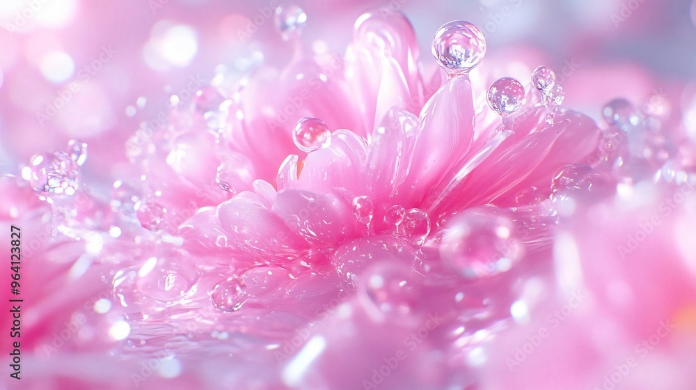 A serene close-up of a pink flower surrounded by delicate droplets, creating a dreamy, soft atmosphere perfect for nature lovers. A serene close-up of a pink flower surrounded by delicate droplets, creating a dreamy, soft atmosphere perfect for nature lovers.