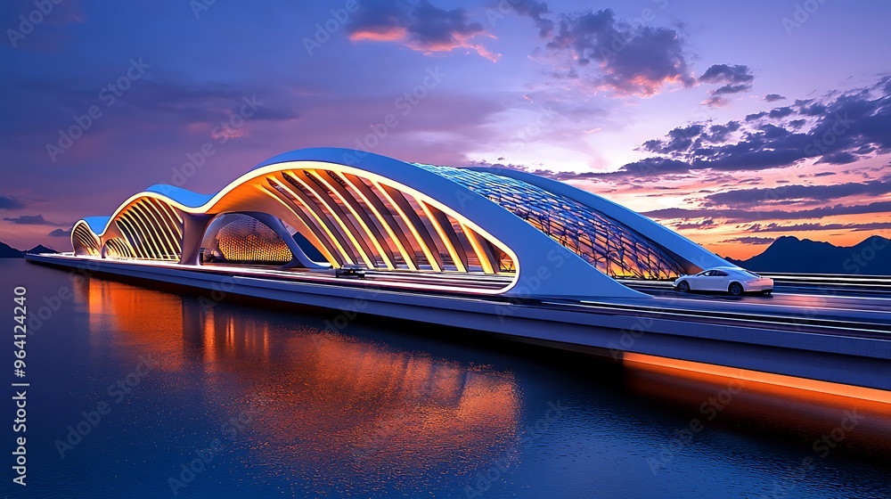 A futuristic bridge spanning over water, with a car driving at sunset. A futuristic bridge spanning over water, with a car driving at sunset.