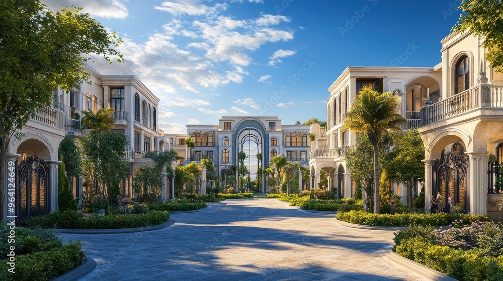 Beautiful and elegant exterior architectural design featuring grand arch buildings with a realistic outdoor 3D background of nature and sky Beautiful and elegant exterior architectural design featuring grand arch buildings with a realistic outdoor 3D background of nature and sky