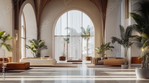 Beautiful and elegant interior design featuring arched buildings and modern architecture, with a realistic 3D indoor setting and stunning background