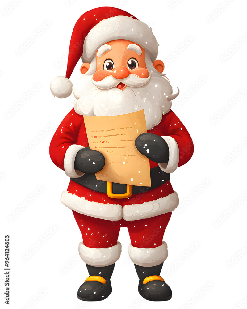 Fototapeta premium Cartoon illustration of Santa Claus holding empty paper or wish list isolated on transparent background. Merry Christmas and Happy New Year.
