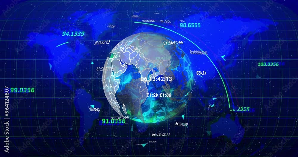 Animation of data processing over globe and world map on black background Animation of data processing over globe and world map on black background