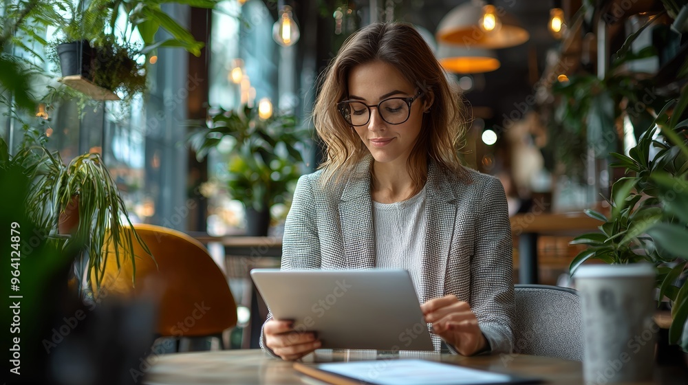 Digital marketing expert working on social media campaigns on a tablet, sitting in a stylish modern cafe, casual business attire, soft lighting. Digital marketing expert working on social media campaigns on a tablet, sitting in a stylish modern cafe, casual business attire, soft lighting.